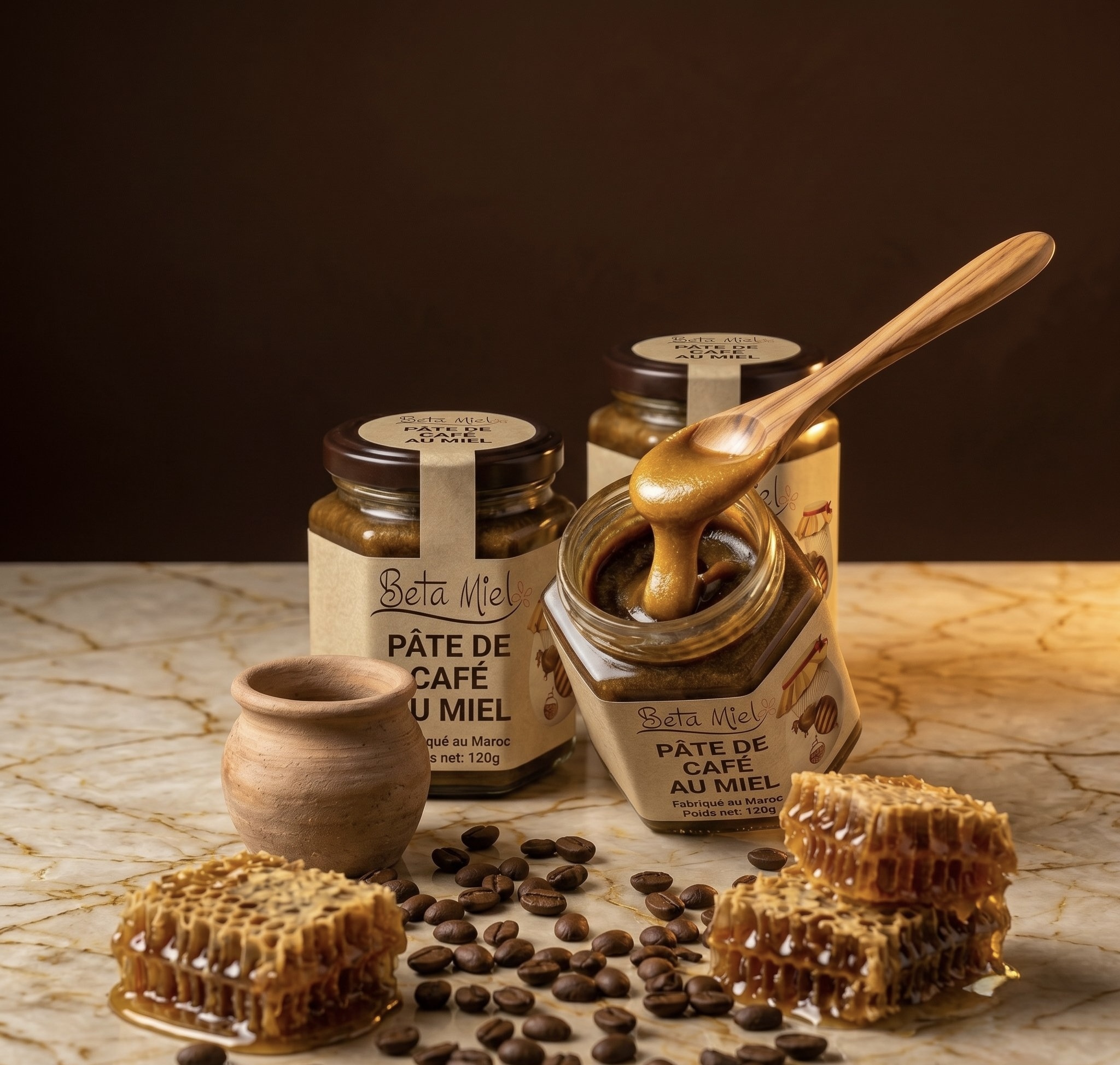 Pack Découverte BetaMiel pâte de café au miel 3 pots avec poterie et cuillère en bois Sefrou Maroc